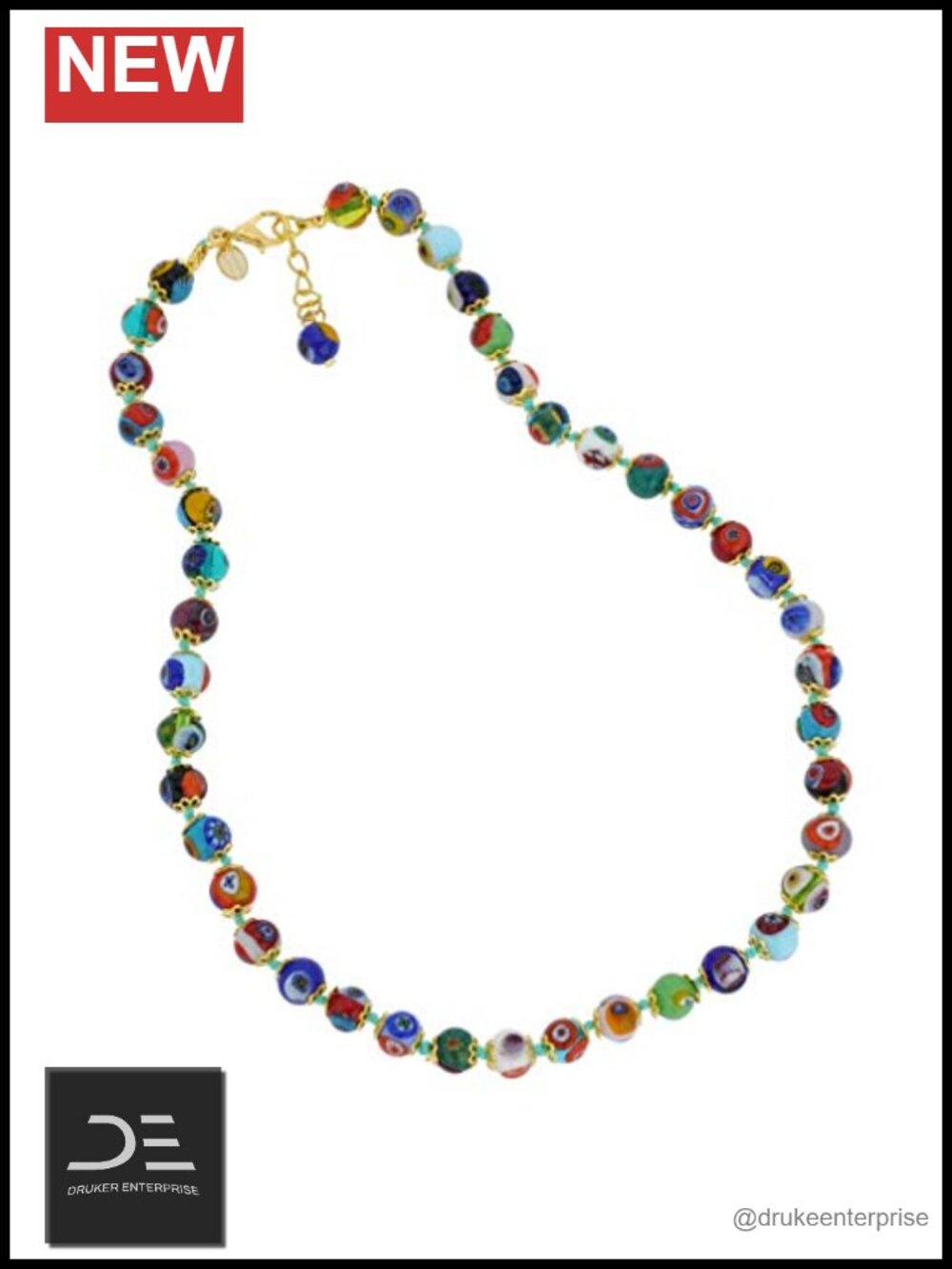 Handmade Murano Glass Millefiori Necklace 17" Gold Plated Brass